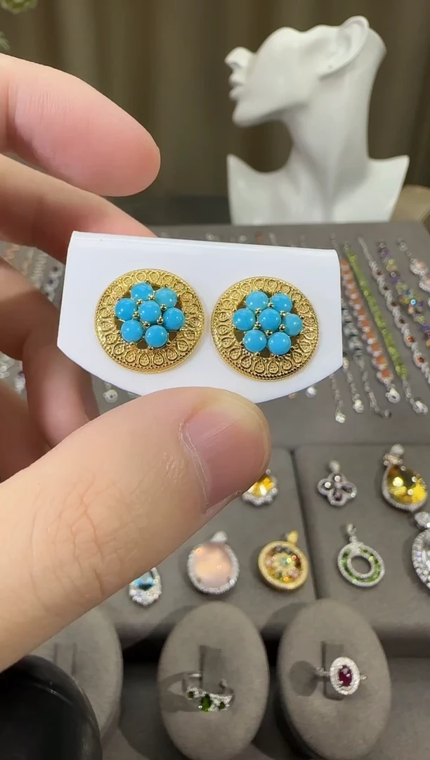 银S925镶嵌绿松石珠宝奇石15mm耳钉设计款