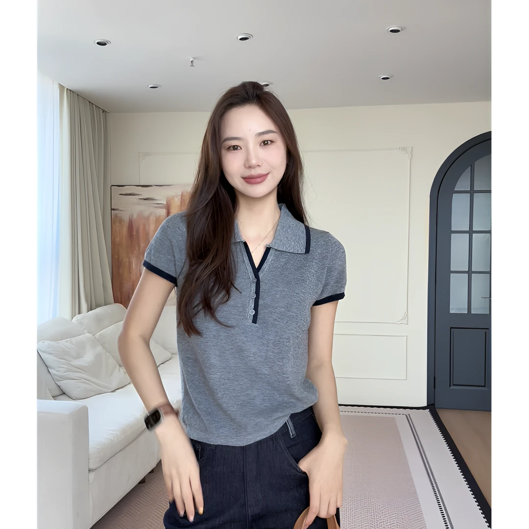 【余欢欢】秋季时尚休闲百搭翻领套头短袖针织衫-YHW50640