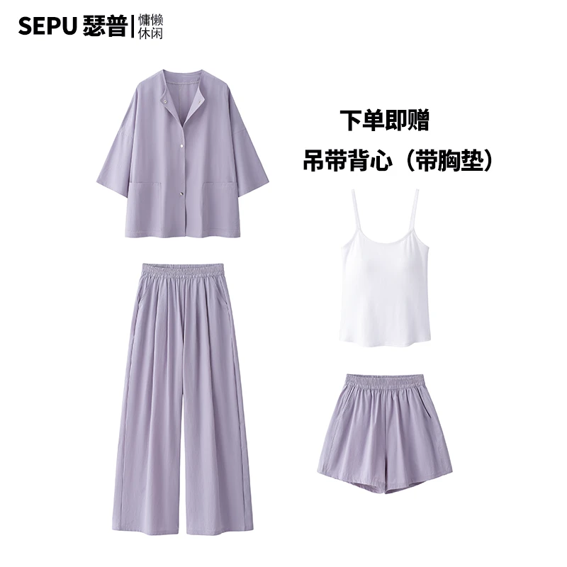 显瘦衬衣圆领三件2025新款休闲夏季女士夏季女装套装
