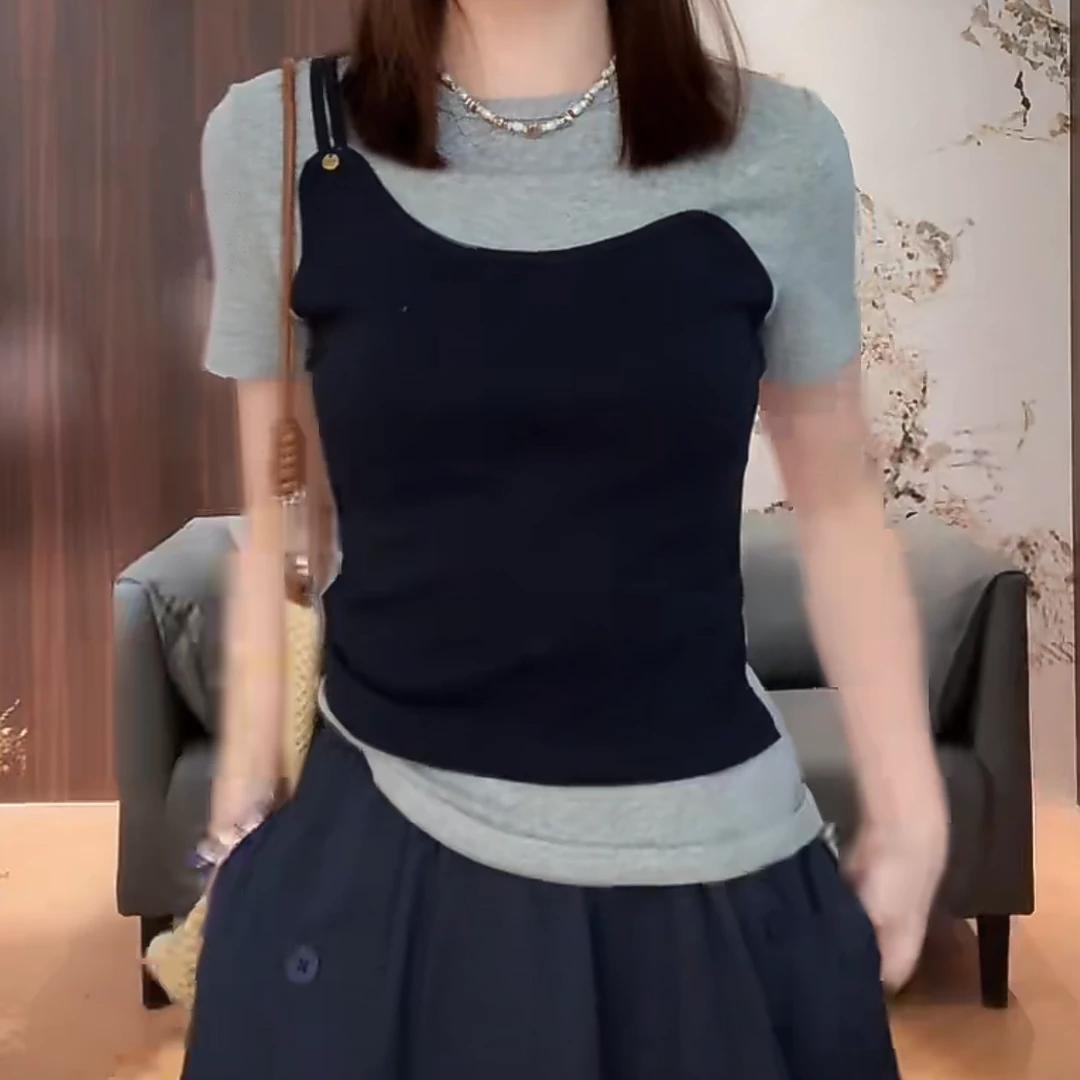 设计感小众时尚假两件通勤短袖女2025夏季新款重工圆领显瘦上衣