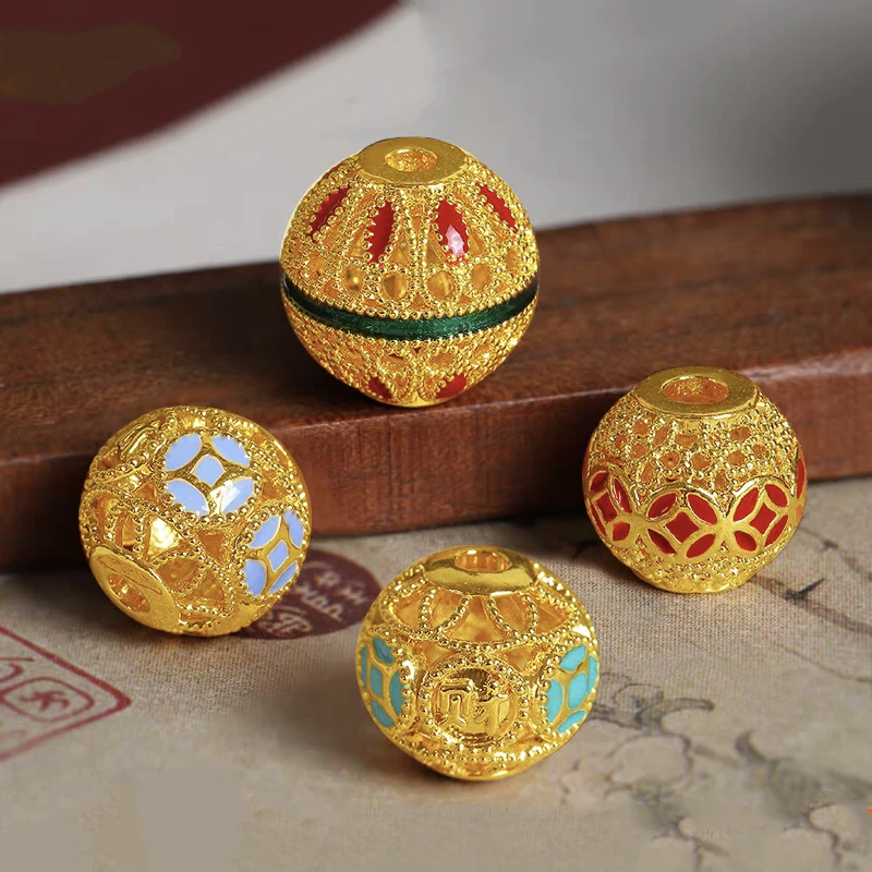 精致花丝镂空招财钱币铜钱圆珠隔珠diy手链项链串珠配饰配件