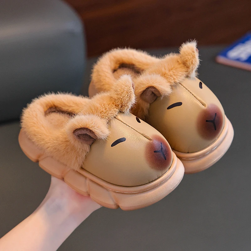 卡皮巴拉儿童棉拖鞋冬季男童EVA室内皮面防水中大童男孩宝宝棉鞋