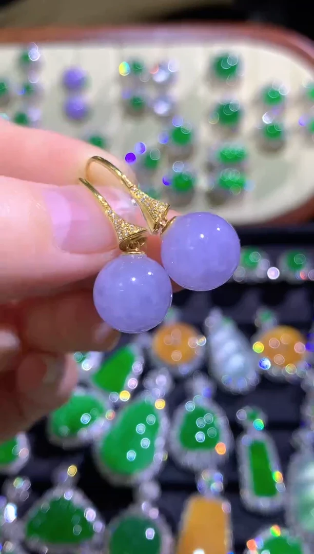 18K金镶嵌翡翠耳饰冰紫圆珠耳坠