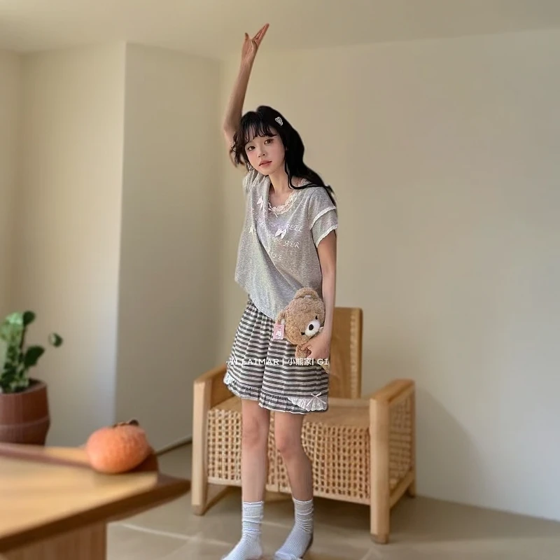 伊涵家小熊夏季简约字母宽松休闲家居服套装