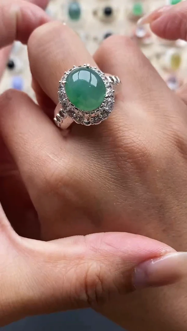 银S925镶嵌戒指翡翠缅甸天然A货翡翠2 8-10