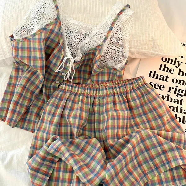 韩系甜美风彩色格子蕾丝边吊带睡衣女夏季新款吊带短裤家居服套装