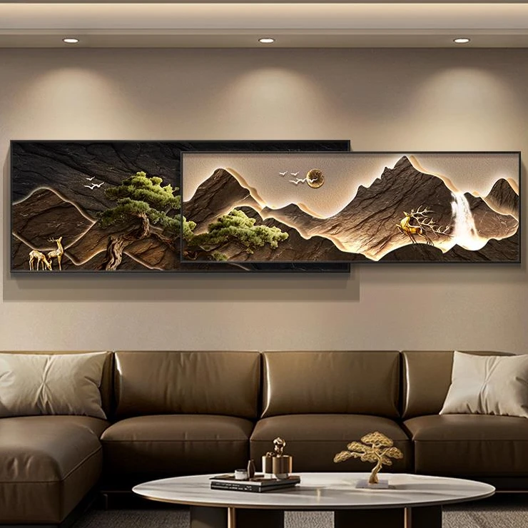 流水生财客厅装饰画轻奢高级感山水画沙发背景墙挂画大白墙壁画