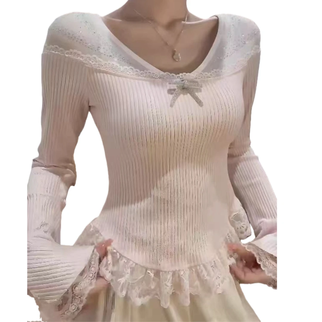 有莱头家甜美蕾丝花边烫钻长袖收腰显瘦T恤