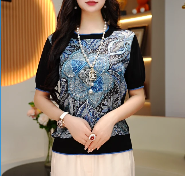 2025新品桑蚕丝字母印花休闲圆领时尚通勤女士打底短袖-338