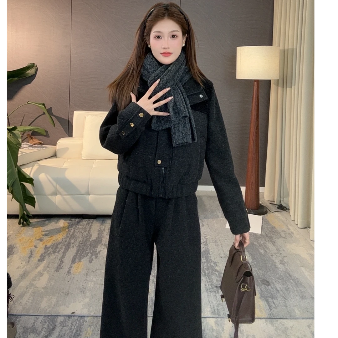 【蔡小姐】冬季新款老钱风小香风阔腿裤慵懒风休闲时尚保暖套装