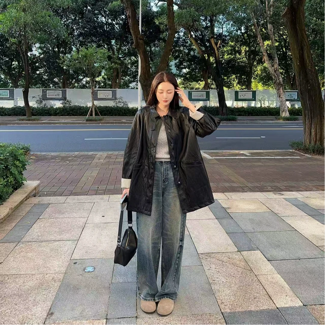 内条纹中长皮衣外套