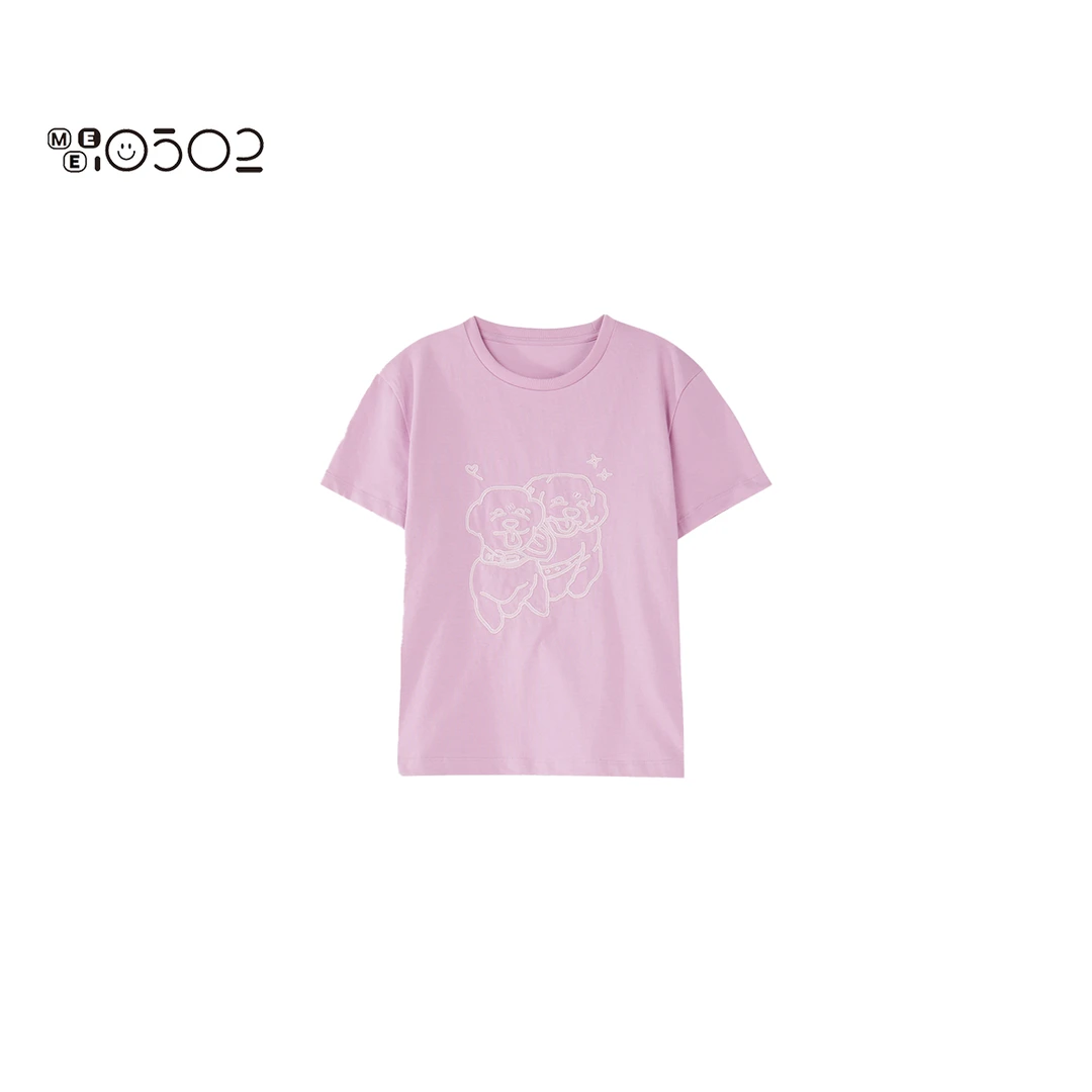 MEI0502 贴布条绣花工艺宽松落肩罗纹领口小狗T 2506081