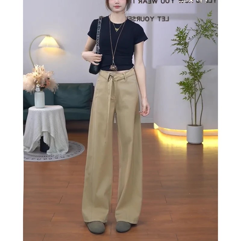 【配腰带】2025春季新款卡其色休闲宽松直筒阔腿牛仔裤女显瘦百搭