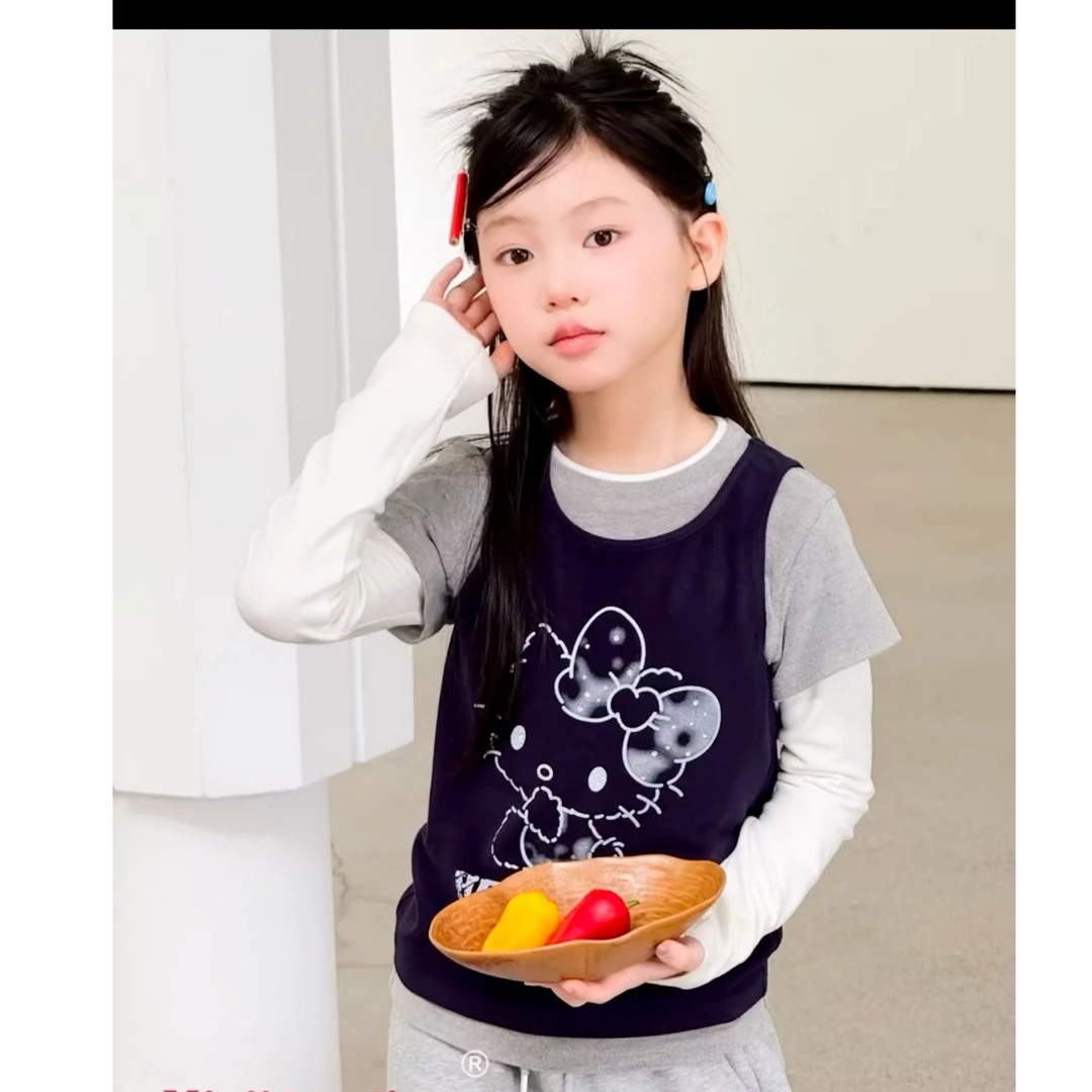 2025春秋季新女童假两件短款全棉磨毛kitty猫T恤衫长袖上衣打底衫