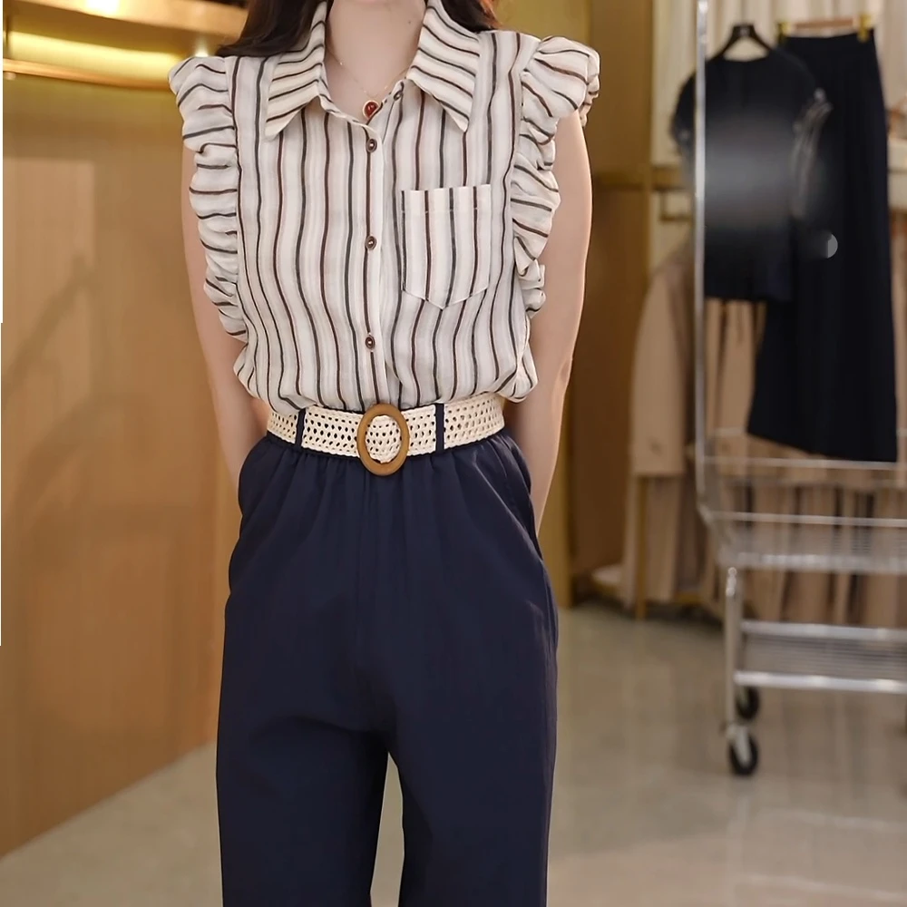 小飞袖条纹衬衫+高腰阔腿裤 气质两件套女5330