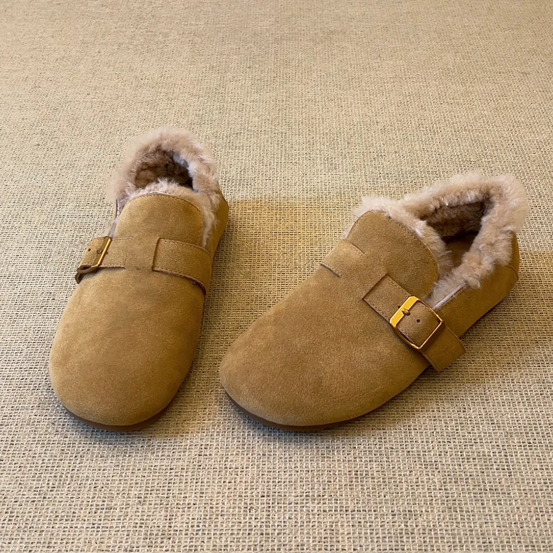 RubyL/1.5cm复古休闲通勤皮带扣磨砂舒适圆头平底加绒勃肯鞋女款