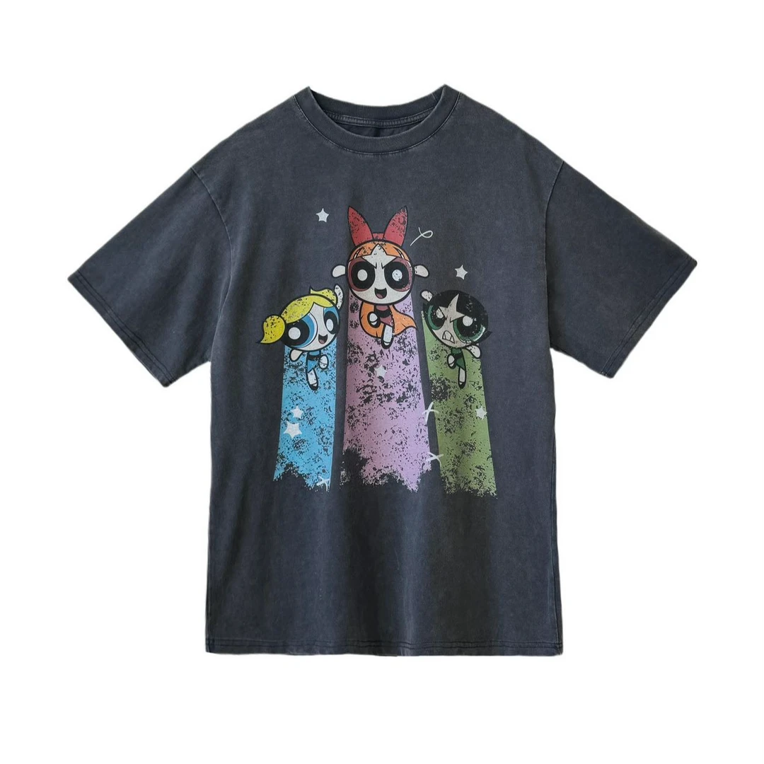 KIMI重工水洗做旧100%棉飞天小女警印花T恤卡通短袖上衣女SS25052