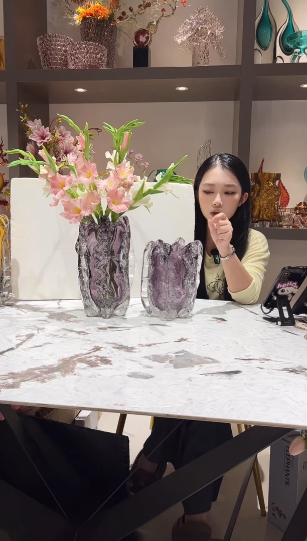 烟紫色气泡琉璃花瓶一对（不含花）