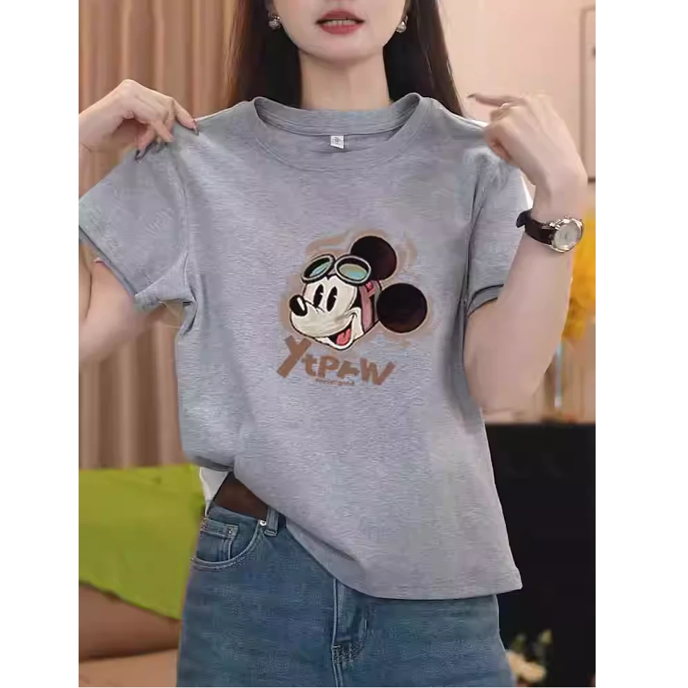 正肩纯棉圆领短袖t恤女2025新款时尚百搭洋气灰色上衣打底衫夏季