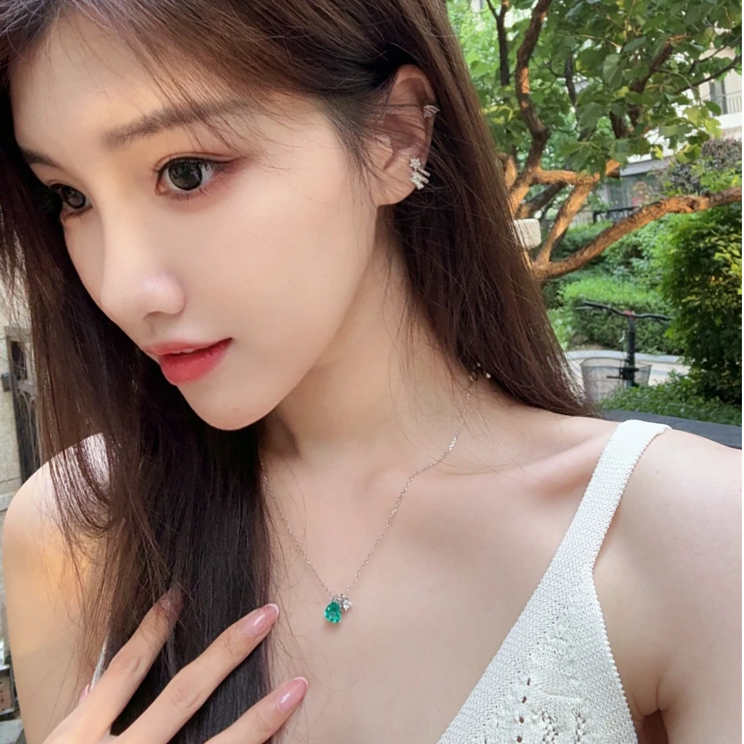 坠链均925银合成锆石 【宙斯之泪】复古极简孔雀绿设计款项链