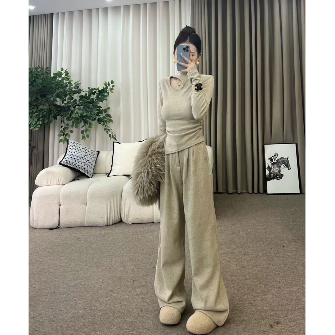 XIAOQIN【轻都之旅】加厚镂空锁骨修身长袖打底衫阔腿裤两件套装325