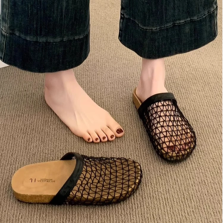 爆款厚底渔网鞋勃肯鞋包头半拖鞋女夏外穿2025新款编织镂空凉拖鞋