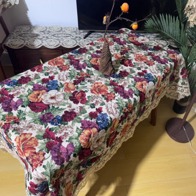 ZN102-27棉麻交织布【160*220】米白色百花齐放水溶边桌布茶几布