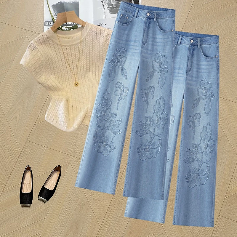 夏季刺绣烫钻天丝牛仔裤2025新轻薄款直筒裤个性休闲阔腿裤拖地裤