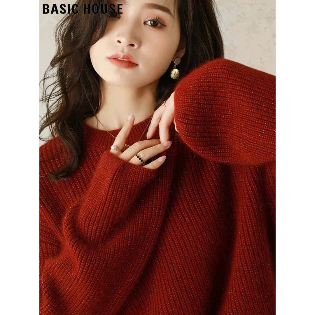 Basic House/百家好高级感红色显白圆领毛衣女2025冬季保暖针织衫