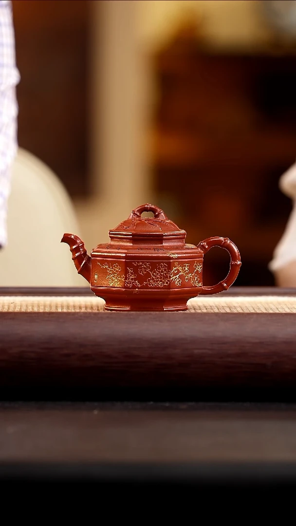 茶壶紫砂朱泥八方竹鼓