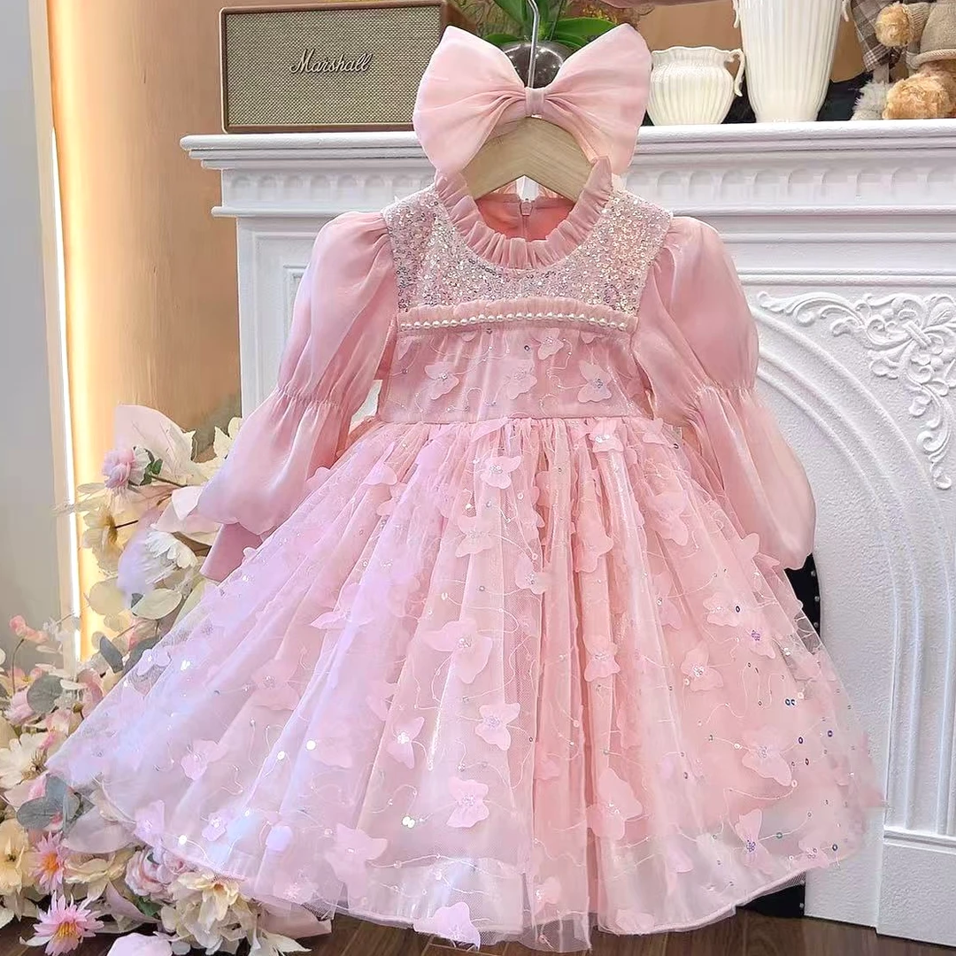 【H1636加绒+不加绒】2025长袖秋冬款重工刺绣粉色小蝴蝶公主裙