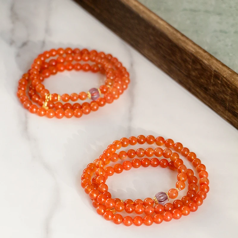 云南河湾冰红南红5mm+配紫水晶三圈手串项链