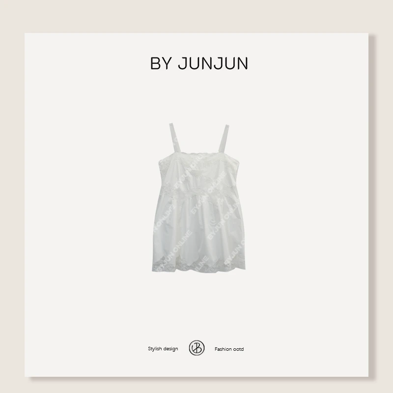 ByJunjun【拉达白茶】蕾丝花刺绣吊带裙夏季连衣裙C25Q96179