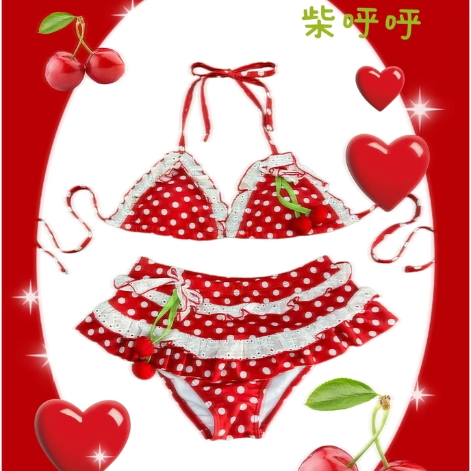 【夏日樱桃】柴呼呼新款小胸显大波点泳衣女分体式三角裤学生泳装