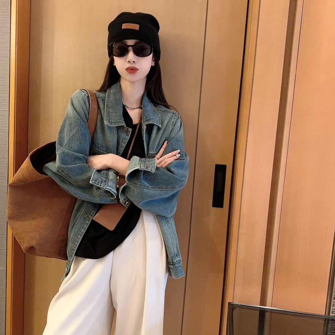 2025春款复古蓝色牛仔外套女宽松显瘦遮肉中长款百搭气质上衣