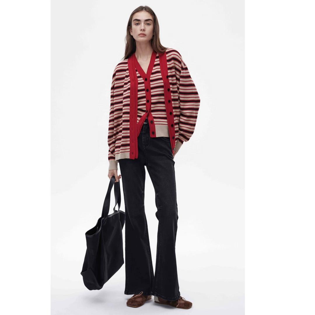 25春季新品设计师品牌春节红色条纹秋冬长袖休闲针织开衫格纹宽松