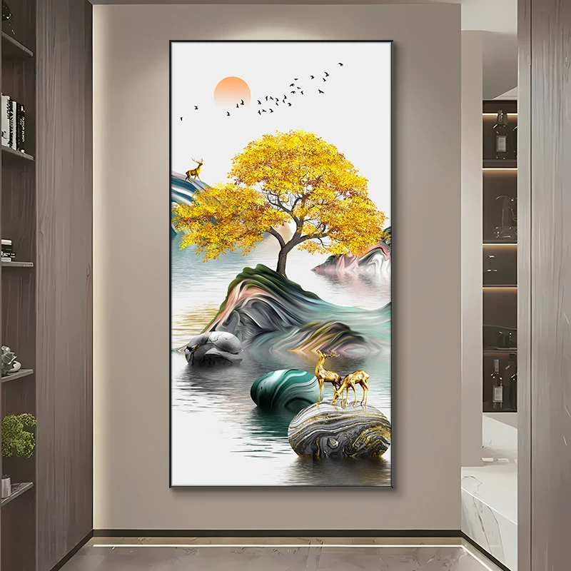 金鹿送福现代轻奢玄关装饰画高档大气入户走廊过道壁画高级感挂画