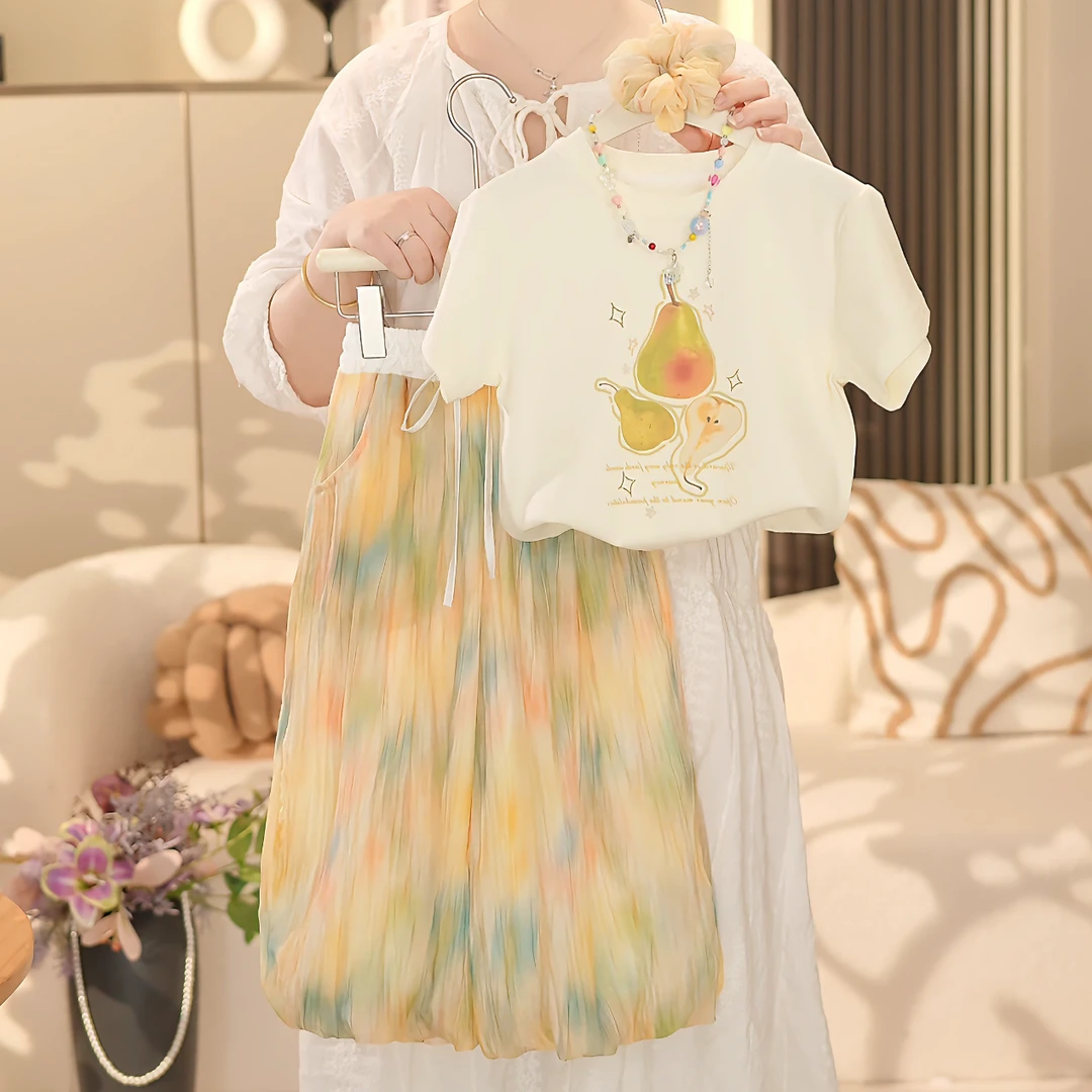 女童2025夏季新款洋气啤梨印花短袖➕花苞长裤套装YY350