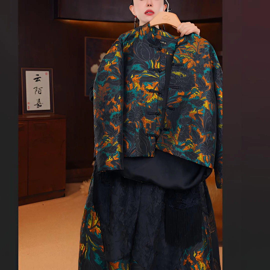 立体刺绣拼接莲花刺绣新中式新中式国风提花外套女