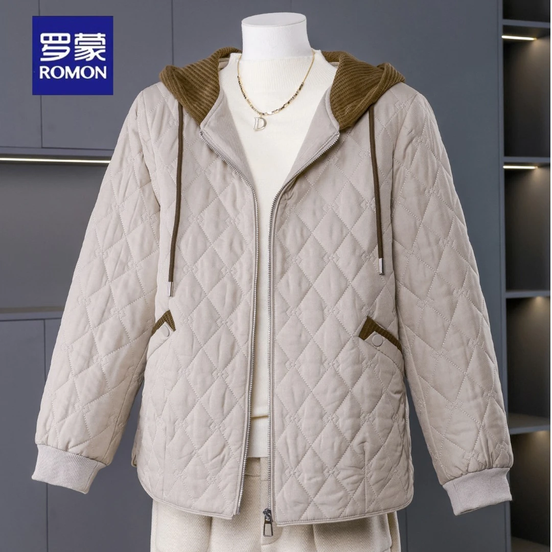 罗蒙气质妈妈秋冬时尚夹棉外套短款连帽上衣服贵夫人冬装轻薄棉服