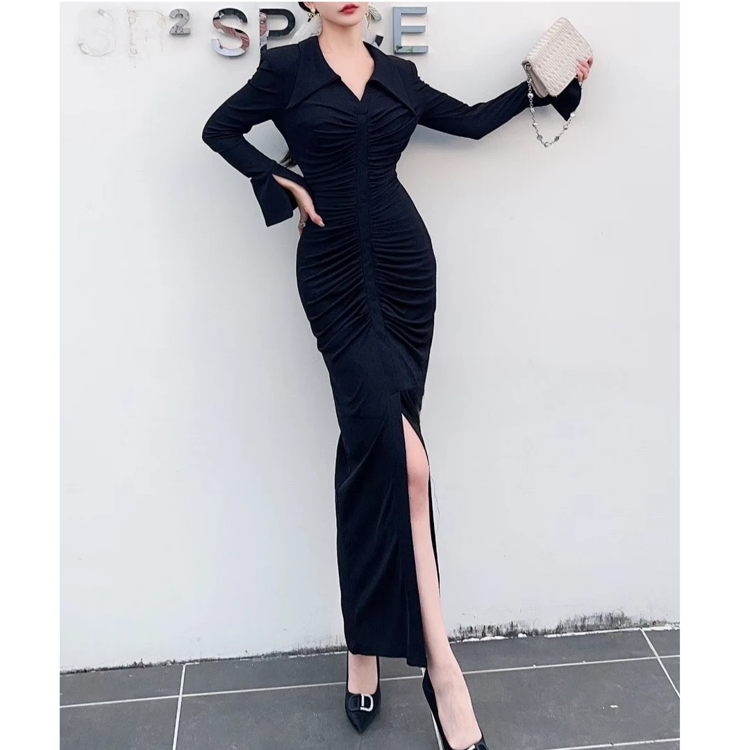 翻领开叉褶皱裙性感风不规则连衣裙