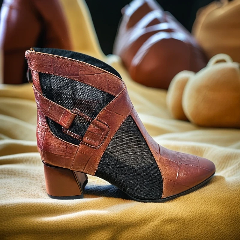 马丁靴女2025新款夏季中跟网靴网面镂空凉靴短靴粗跟真皮百搭女鞋