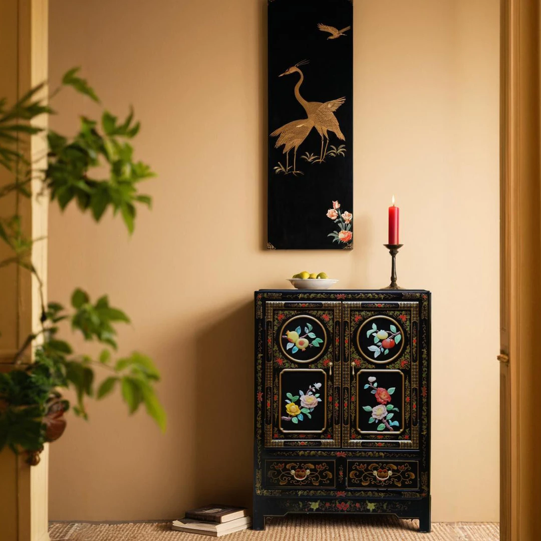 【本尼家】TS69新中式国风滑石镶嵌手绘漆画玄关储物柜90*40*120cm