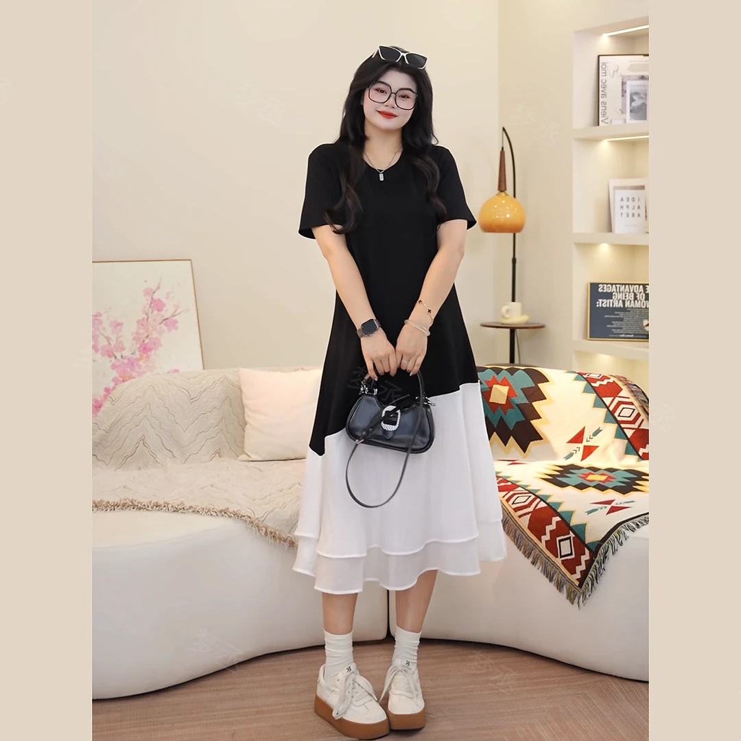 梦丞-胖mm大码女装夏季慵懒风宽松微胖洋气设计感拼接连衣裙女