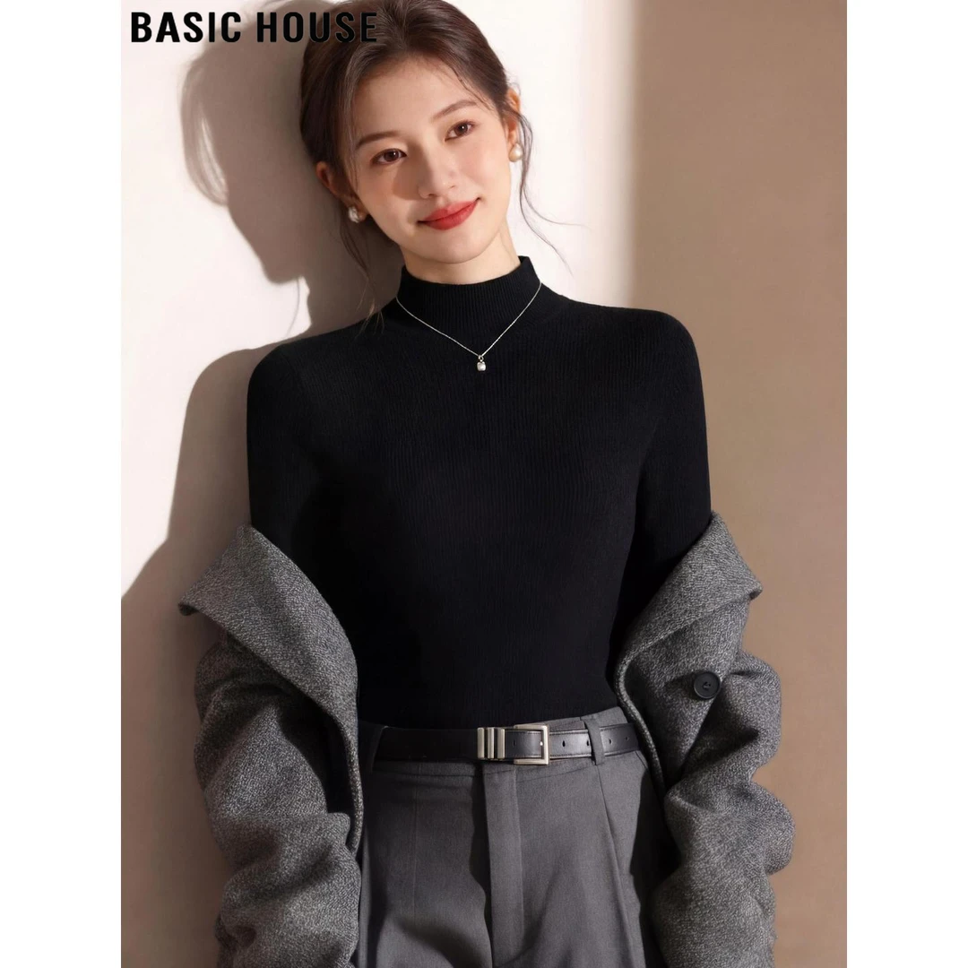 Basic House/百家好法式黑色半高领长袖打底针织衫女冬季内搭毛衣