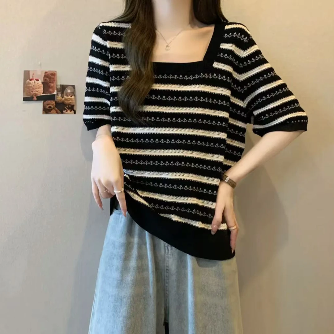 2025夏新款胖MM大码方领撞色条纹针织衫宽松显瘦短袖T恤上衣G619#