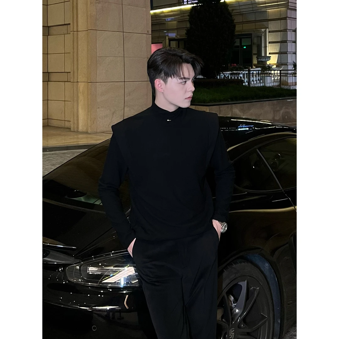 [JIANGMOYAN]男士长袖t恤潮牌内搭上衣男韩版半高领德绒打底衫