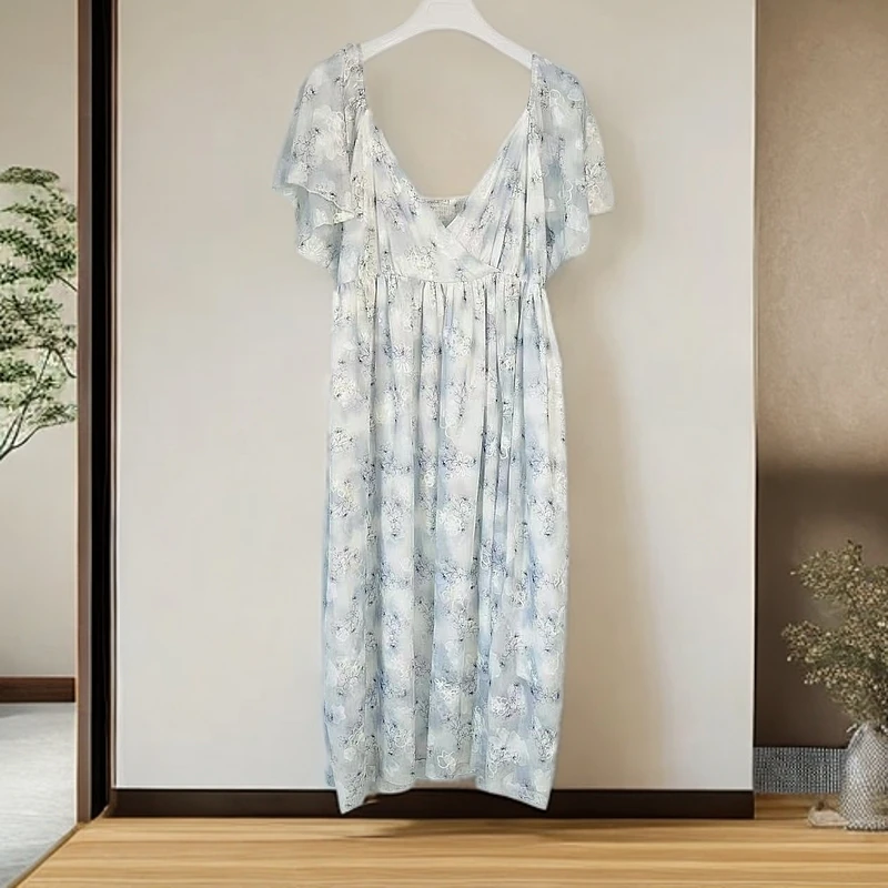 7235气质款刺绣抹胸裙长款碎花夏季连衣裙印花蕾丝蓝色裙子