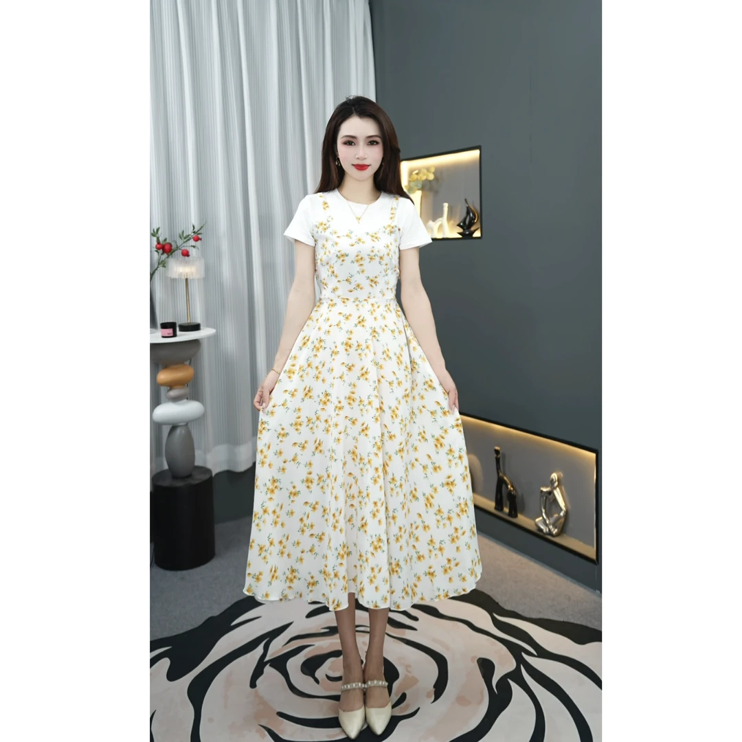 A912法式外出洋气裙子假两件印花连衣裙2025年气质甜美夏天小裙子