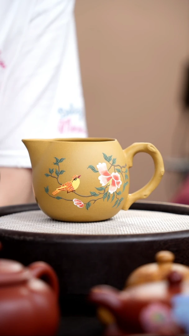 茶壶紫砂黄金段公道杯泥绘黄鸟